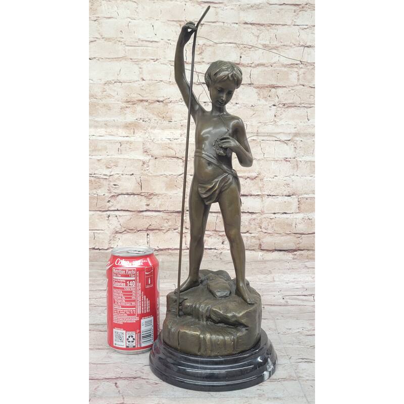 Young Boy Child Imitative Fishing - Bronze Sculpture Figure On Marble Base By A. Bofill