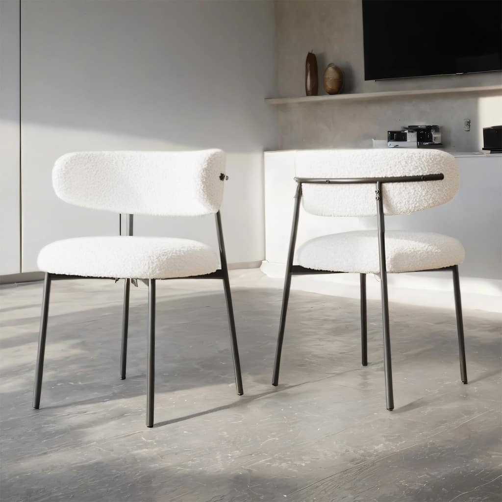 White Modern Dining Chairs, Teddy Velvet with Metal Legs