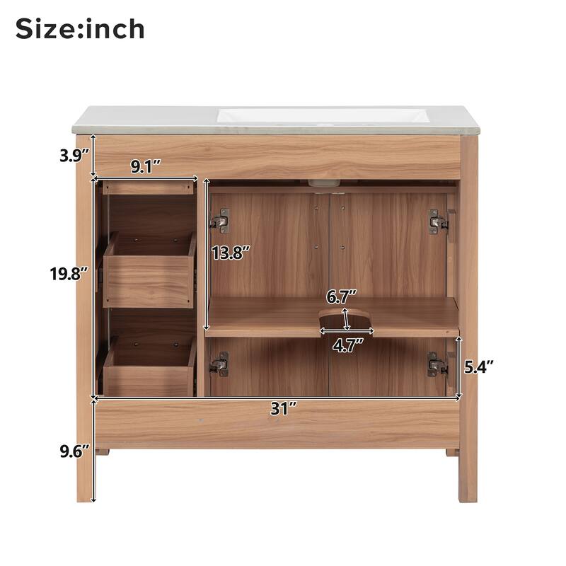 Wood Bathroom Vanity with Ceramic Sink and Top, Storage Cabinet with Drawers, Adjustable Shelf and Soft Close Mechanisms