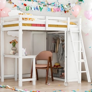 Twin Size Loft Bed with Wardrobe and Desk, Maximized Space, White