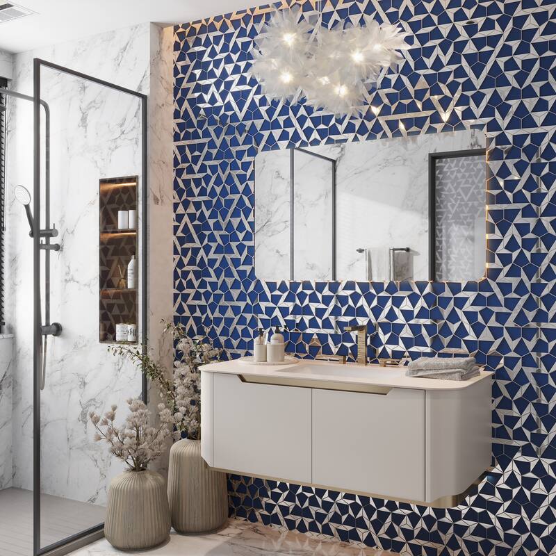 Mirari 9x11 in. Glossy Glass 3D Trapezoid Mosaic Wall Tile (3.28 sq ft/case, 5-Pack) - Blue, Gray