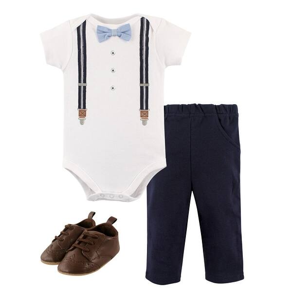 slide 1 of 1, Little Treasure Baby Boy Cotton Bodysuit, Pant and Shoe 3pc Set, Suspenders Short-Sleeve 0-3 Months - Suspenders Short-Sleeve
