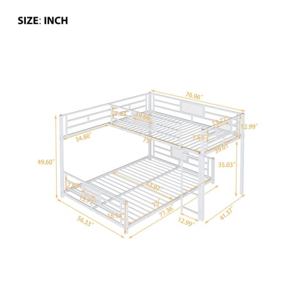 dimension image slide 0 of 2, Contemporary Design Metal Bunk Bed with Ladder and Guardrails, Twin over Full Size