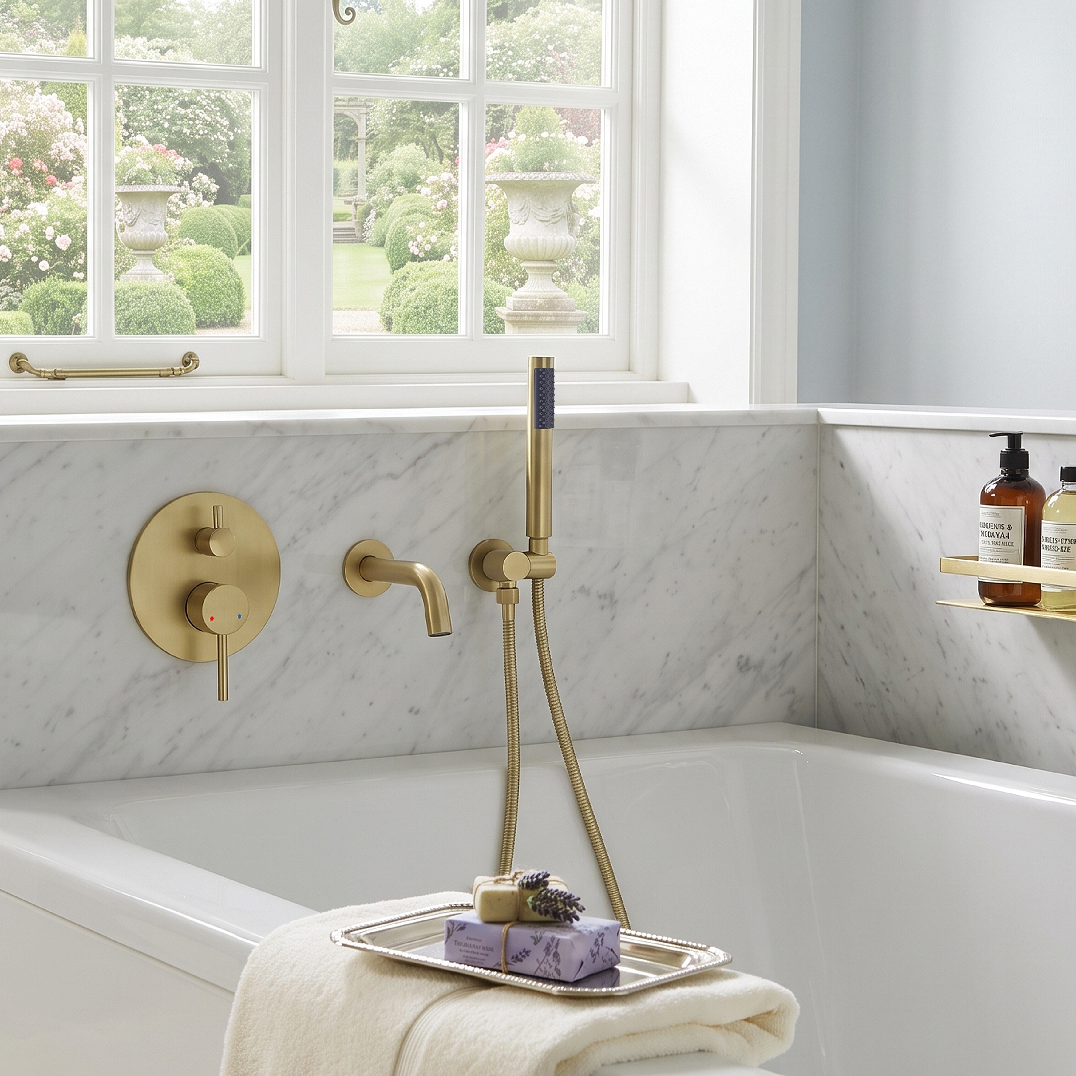 3-Hole Wall-Mount Roman Tub Faucet Single Lever Handle 360 Swivel Spout Tub Filler with Handheld Shower
