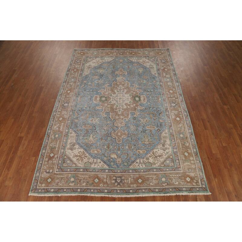 Geometric Blue Tabriz Persian Area Rug Oriental Handmade Wool Carpet - 6'5"x 9'5"