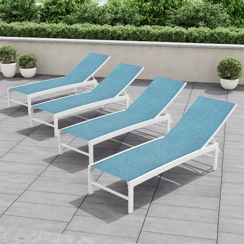 Crestlive Outdoor Pool Side Adjustable Aluminum Chaise Lounge Chairs Set of 4 - See Picture - Blue Fabric, White Frame