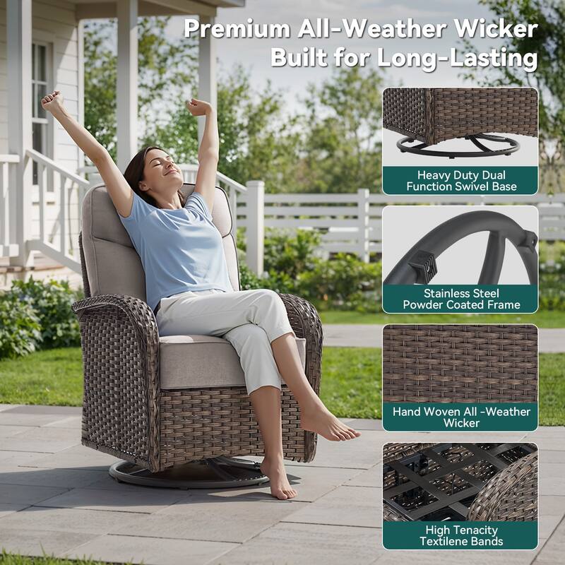 Pocassy Outdoor Sofa Swivel Chair and Ottman with Fire Pit Table