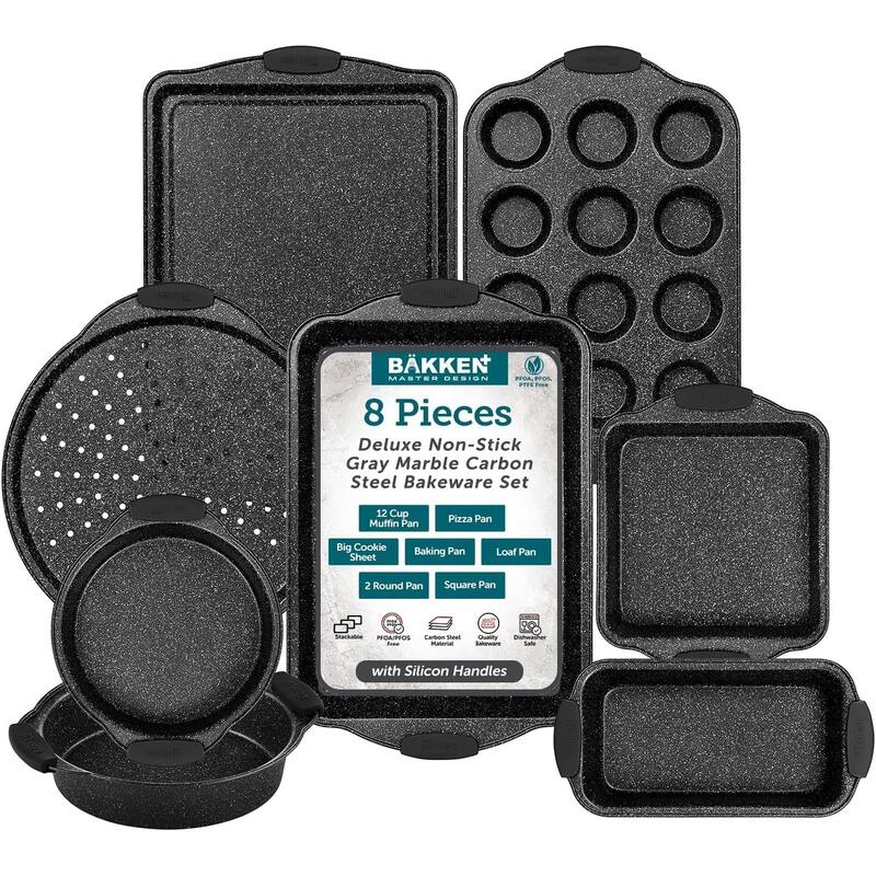 BAKKENMASTER Nonstick Baking Pan Set - Bakeware with Silicone Handles - 8 Pieces - Grey Marble