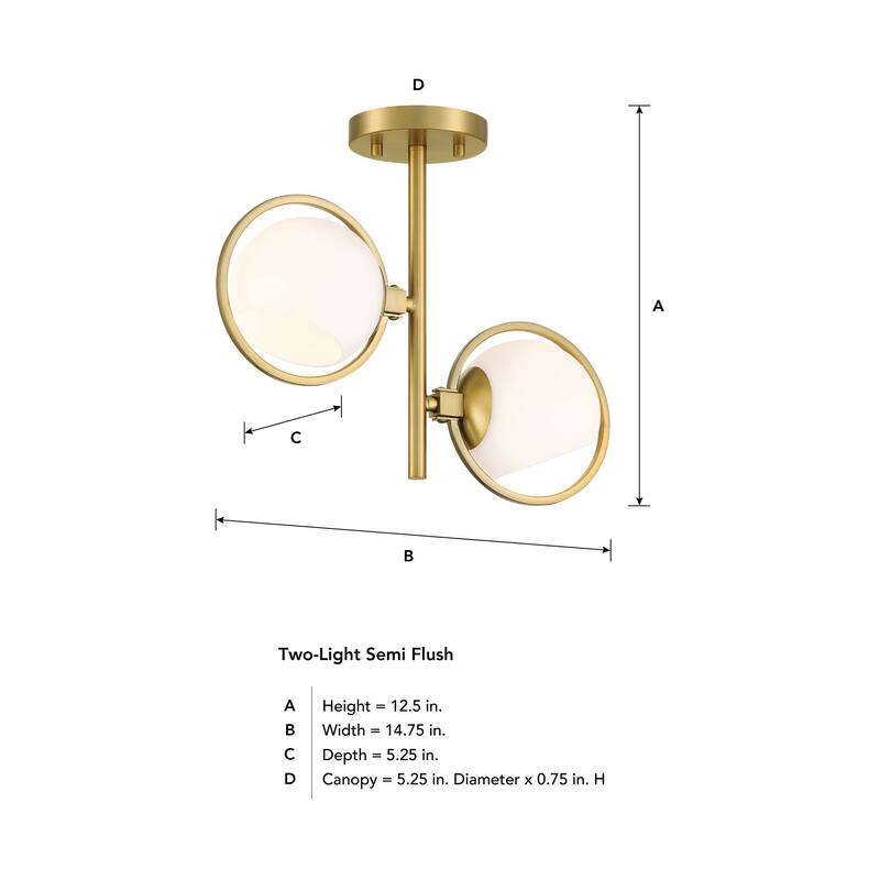 Teatro 14.75 in. 2-Light Brushed Gold Modern Semi Flush Mount Light