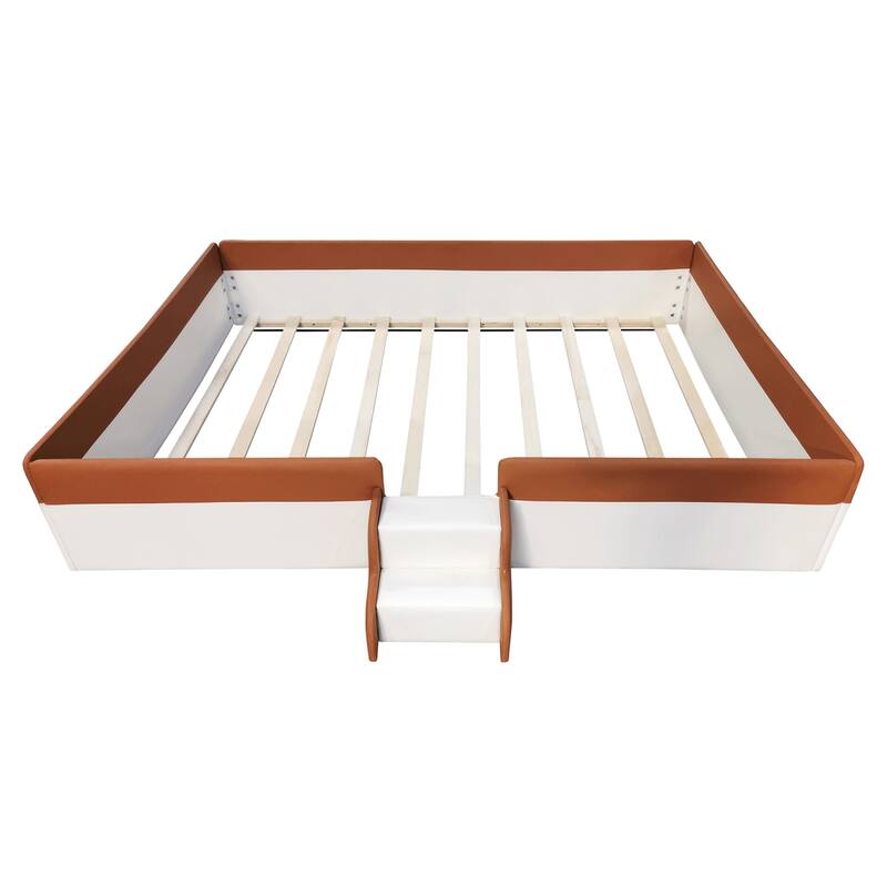 Twin/ Full/ Queen/ King Size Upholstered Kids Floor Bed Frame with Guardrail and Little Stairs, Soft PU Platform Bed