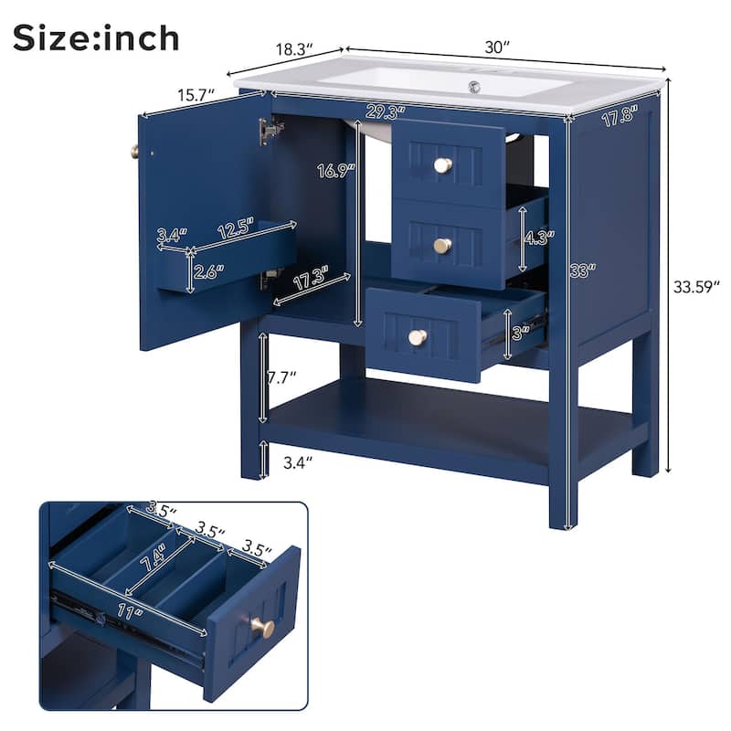 30inch Transitional Style Bathroom Vanity Cabinet Combo with Ceramic Sink