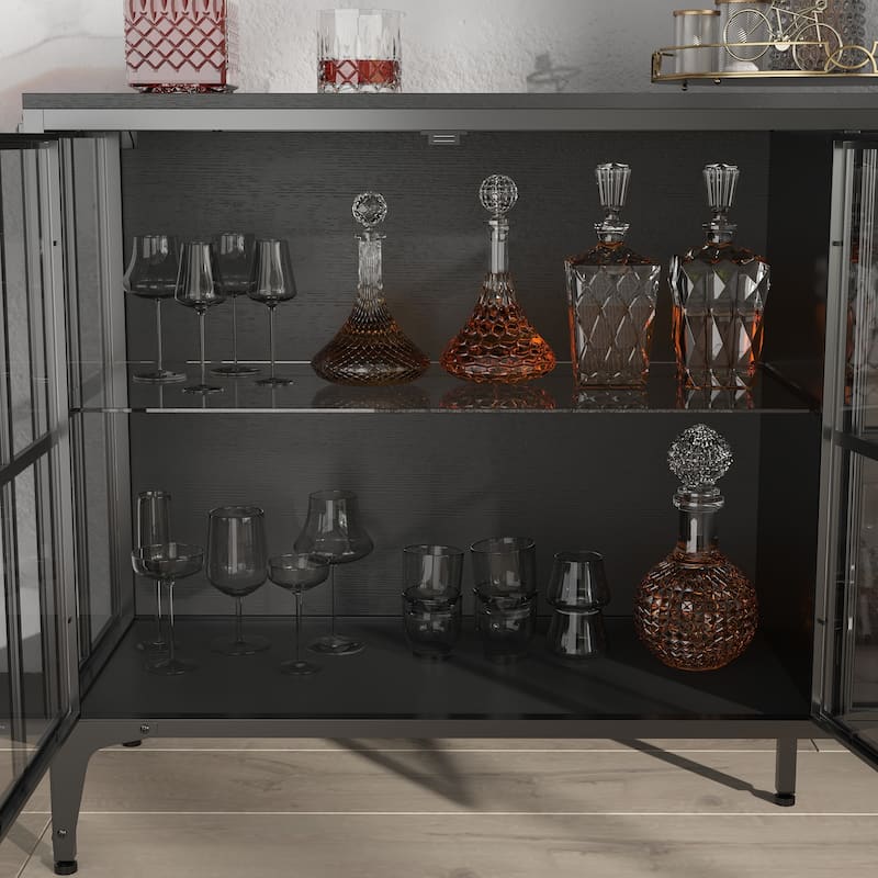Buffet LED Light Industrial Glass Sideboard with Metal Frame and Tempered Glass Doors