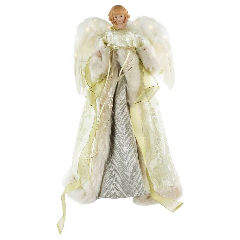 18" Lighted Angel in a Dress Christmas Tree Topper - Warm White Lights - White and Gold