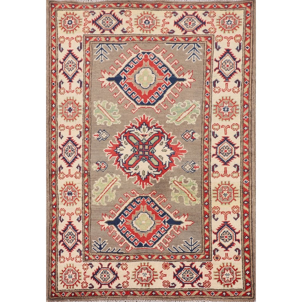Brown Geometric Kazak Oriental Accent Rug Handmade Wool Carpet - 2'10" x 4'0"