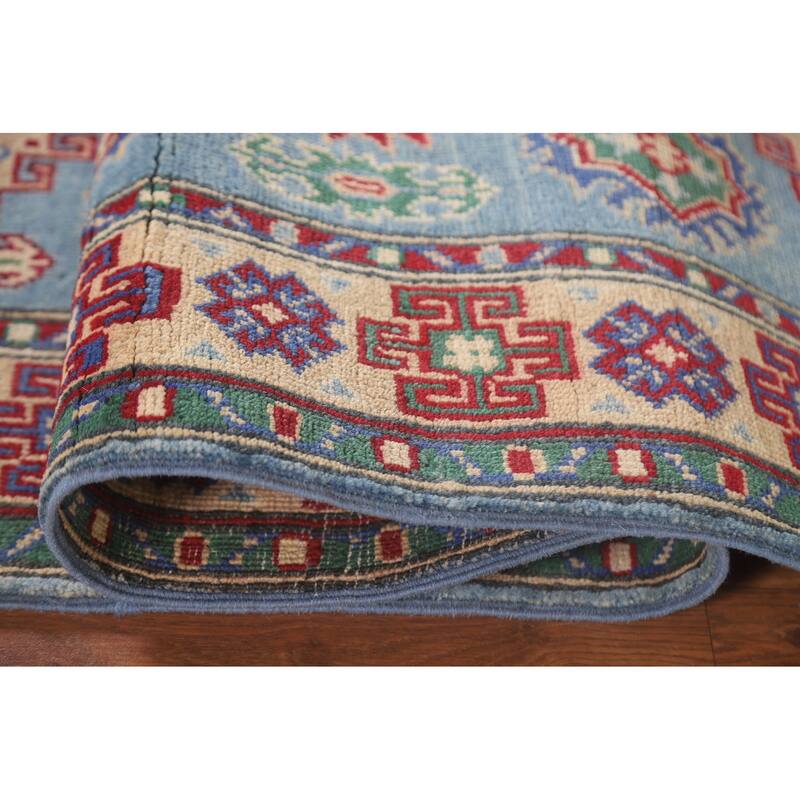 Hand Knotted Oriental 100% Wool Carpet Traditional Geometric Navy Blue & Blues Kazak Area Rug - 6' 4'' X 2' 9''
