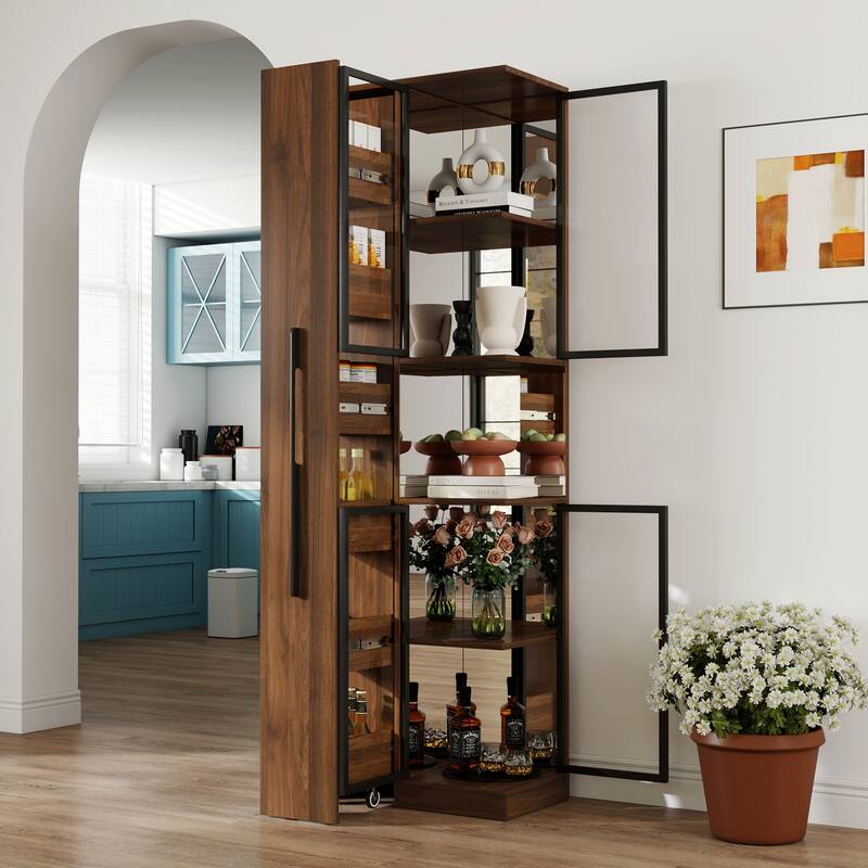 70" Display Cabinet With Glass Doors And Lights,Pull-Out Multi-Tier Storage Shelf,Wooden Display Storage Cabinets