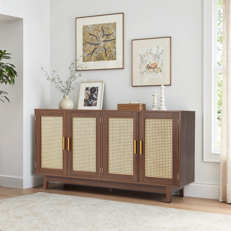 Rattan Accent Cabinet Storage Sideboard Buffet with 4 Doors
