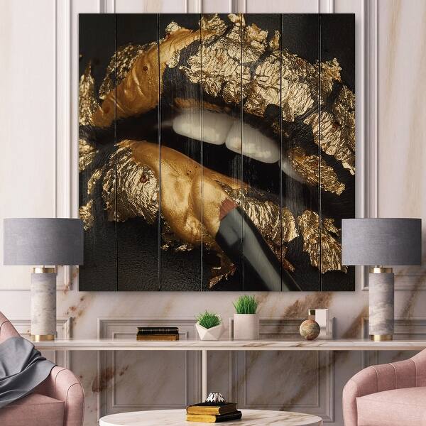 slide 1 of 5, Designart 'Woman Lips With Black Leather and Gold Foil' Modern Print on Natural Pine Wood