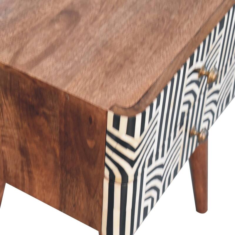 HomeRoots 23" Black White And Brown Solid Wood Geometric Bone Inlay Two Drawer Nightstand