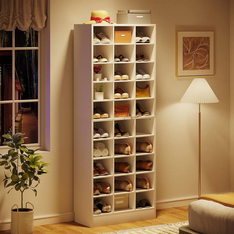 25" 10-Tier White Wooden Shoe Storage Cabinet, Modern 30-Cubby