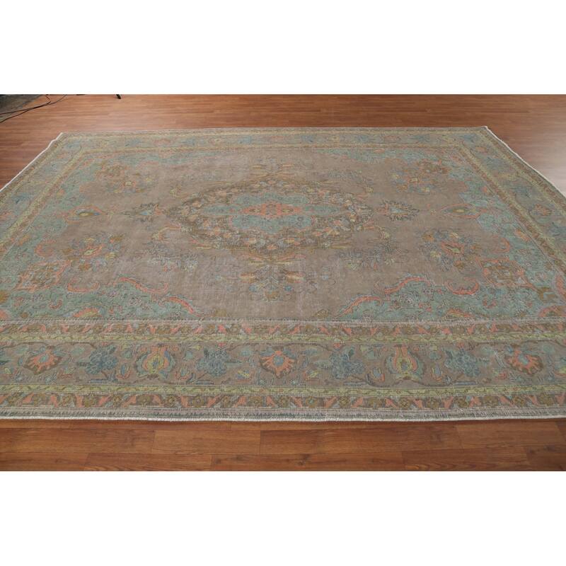 Distressed Gray Tabriz Persian Vintage Area Rug Handmade Wool Carpet - 8'8"x 12'0"