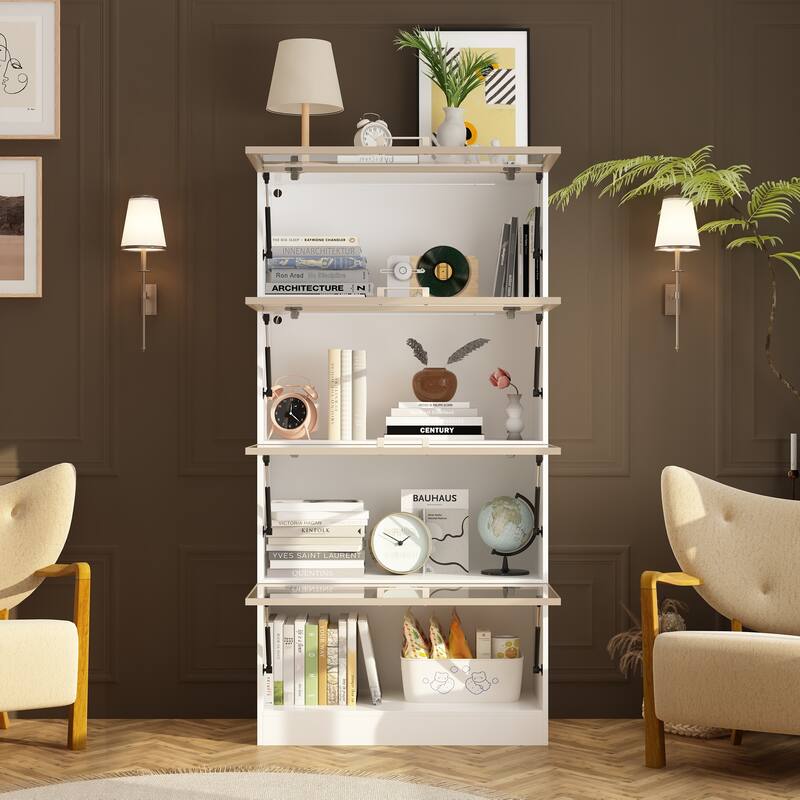Modern Bookshelf with Adjustable Lighting Strips and Four Handles