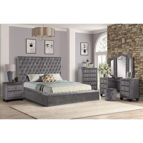 Nora Full Size 5-Pc Bedroom Set in Gray, Bed, Nightstand, Chest, Vanity and Mirror