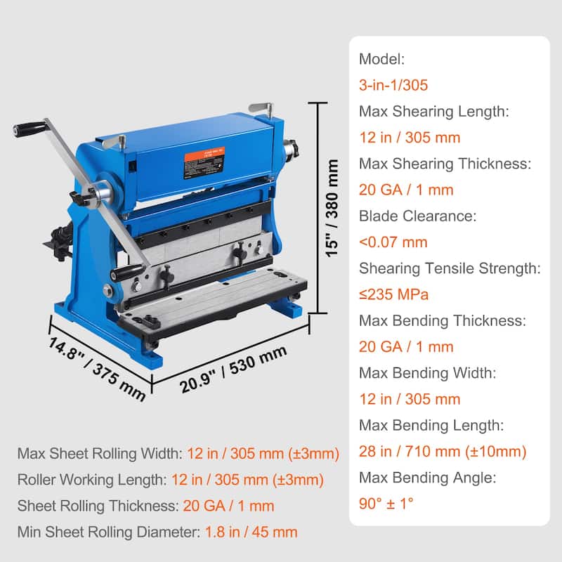 Sheet Metal Brake, 12-inch, 3-In-1 Combination Shear Brake Roll Machine - 12-inch