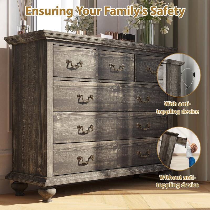 9 Drawer Dresser for Bedroom, Farmhouse Wooden Chest of Drawer, Storage Organizer