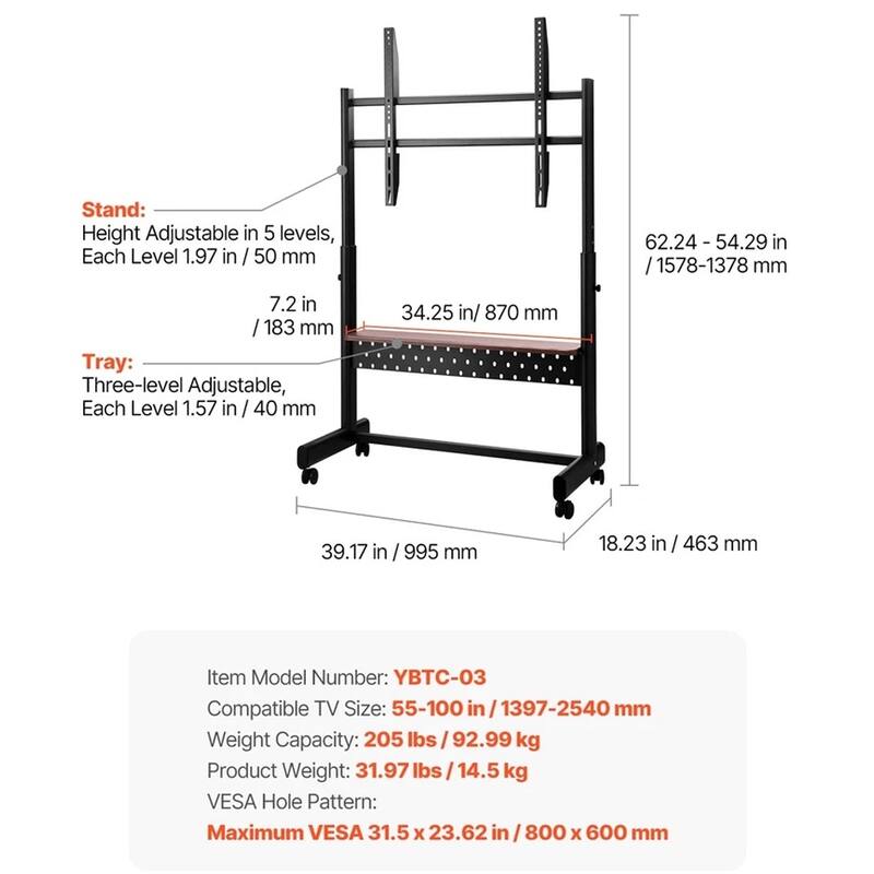 Rolling TV Stand Mobile Cart Holds Up to 205 lbs for 55-100 Inch TVs - 54 inches in width