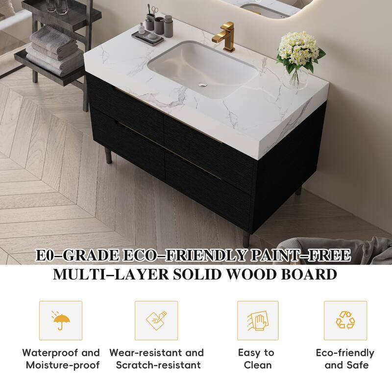 35.4" Farmhouse Floating Bathroom Vanity - Sintered Stone Top with Undermount Sink, 4 Drawers, Wall-Mounted
