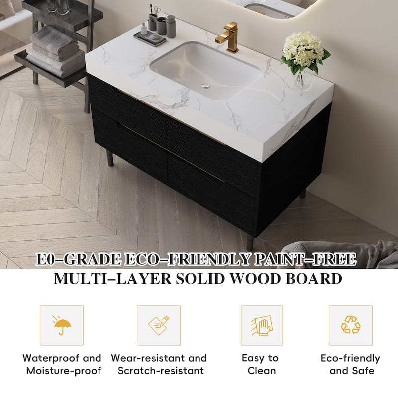 GDFStudio - Luxury 35.4" Versatile Floating/Freestanding Sintered Stone Bathroom Vanity with Ceramic Sink & Soft-Close Drawers