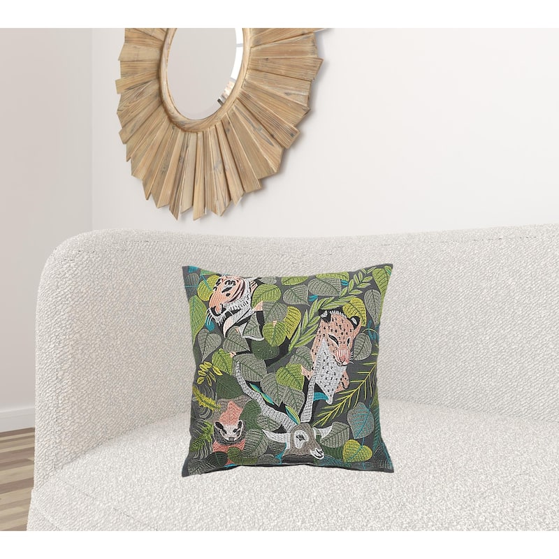 HomeRoots 20" X 20" Gray Salmon And Green 100% Cotton Animal Print Zippered Pillow