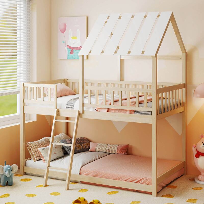 Costway Twin Over Twin House Bunk Bed with Roof, Ladder & Full-length - Natural