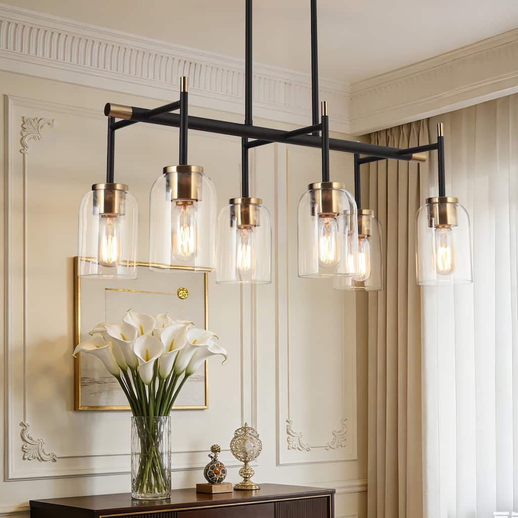 Modern Farmhouse 6-Light Black Gold Chandelier Linear Glass Island Lights for Dining Room