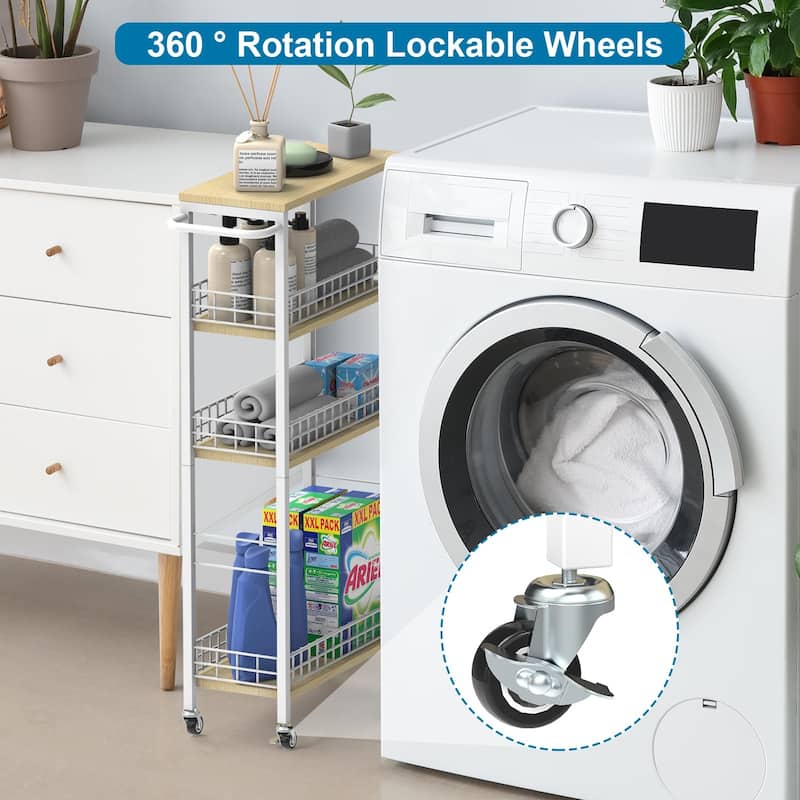 Slim Storage Cart 4-Tier Rolling Kitchen Utility Cart White Narrow Slide Out Laundry Storage Cart on Wheels Wood Table Top
