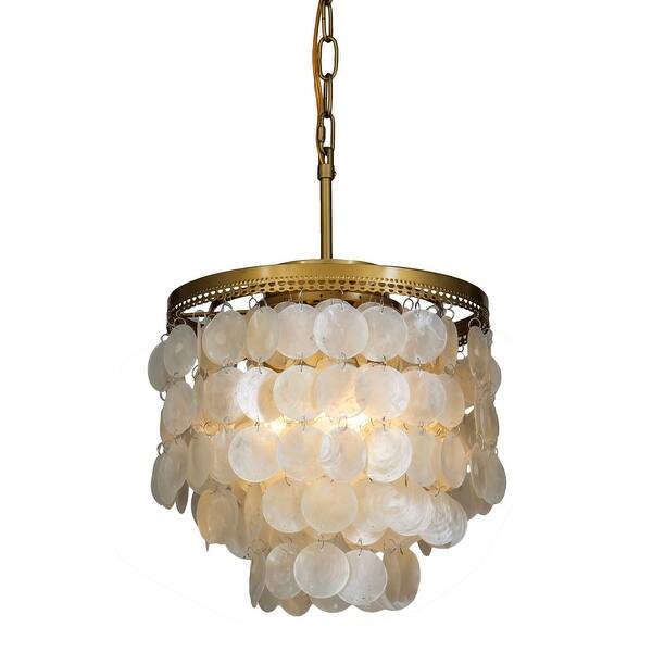 slide 11 of 10, ALOADECOR Mese - 3 Light Coastal Capiz Shell Chandelier Painted Brass