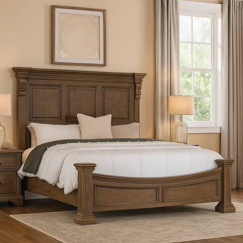 Reven Queen Bed, Weathered Oak Solid Wood, Intricate Carved Details