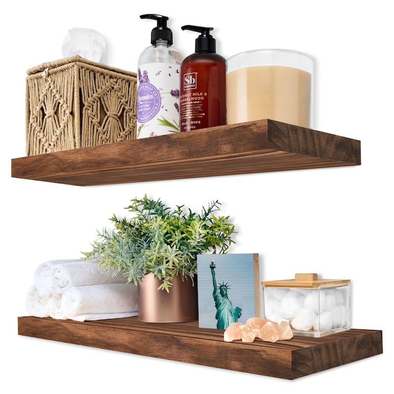 Solid Wood Floating Shelves for Wall - Compact Wooden Wall-Mounted Shelves (16”, Set of 2) - 5.5” L X 16"W X 1.2” H - Walnut