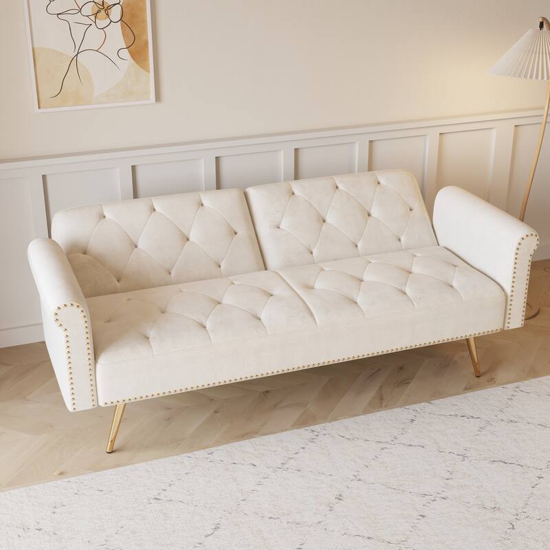 Roomfitters Velvet Sofa Bed with Nailhead Trim, Tufted Convertible Couch for Living Room Comfort and Modern Home Style
