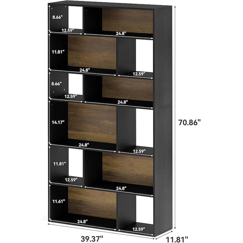 6-Tier Bookcase Bookshelf, 70.9" Tall Black Bookshelf Geometric Display Shelf
