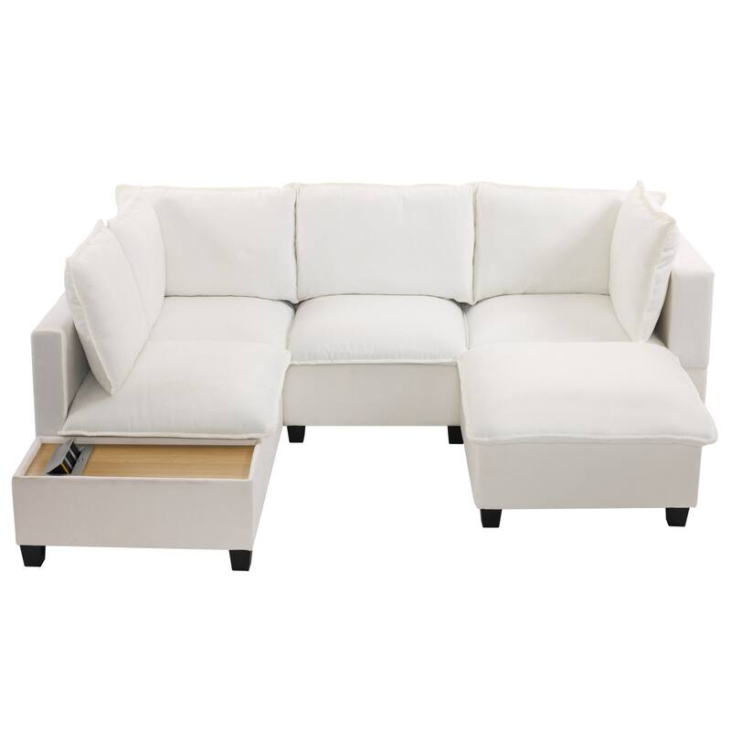 90" Chenille U-Shaped Sectional Sofa with Movable Ottoman, Coffee Table with Hidden Charging Devices, and Free Configurations
