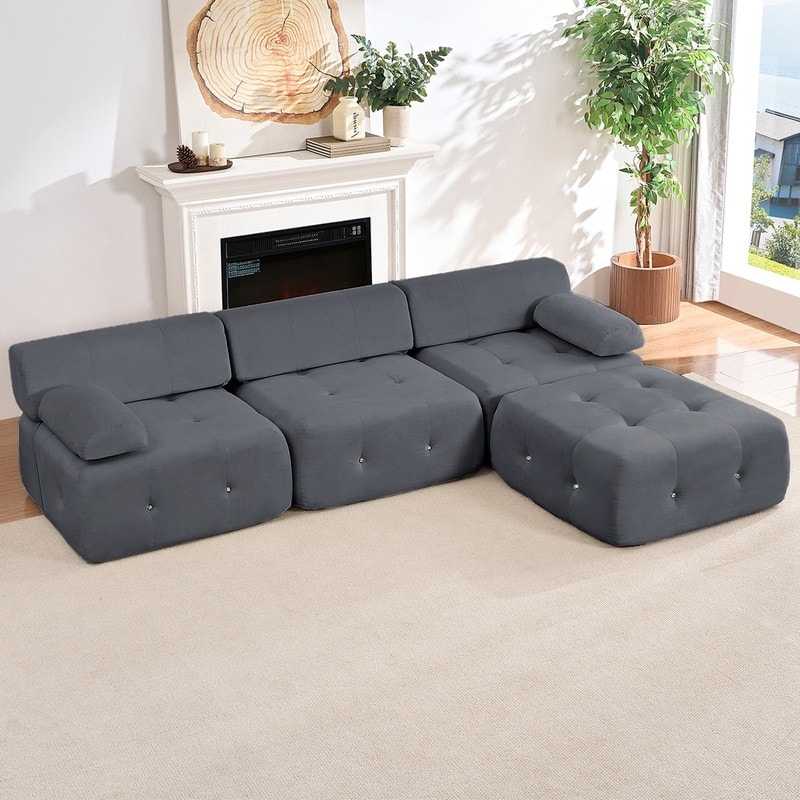 Mixoy 100inch Modular Sectional Sofa with Ottoman,Velvet 3-Seater L-Shaped Couch for Living Room - 100.4"w x 66.9"D x 24.8"H