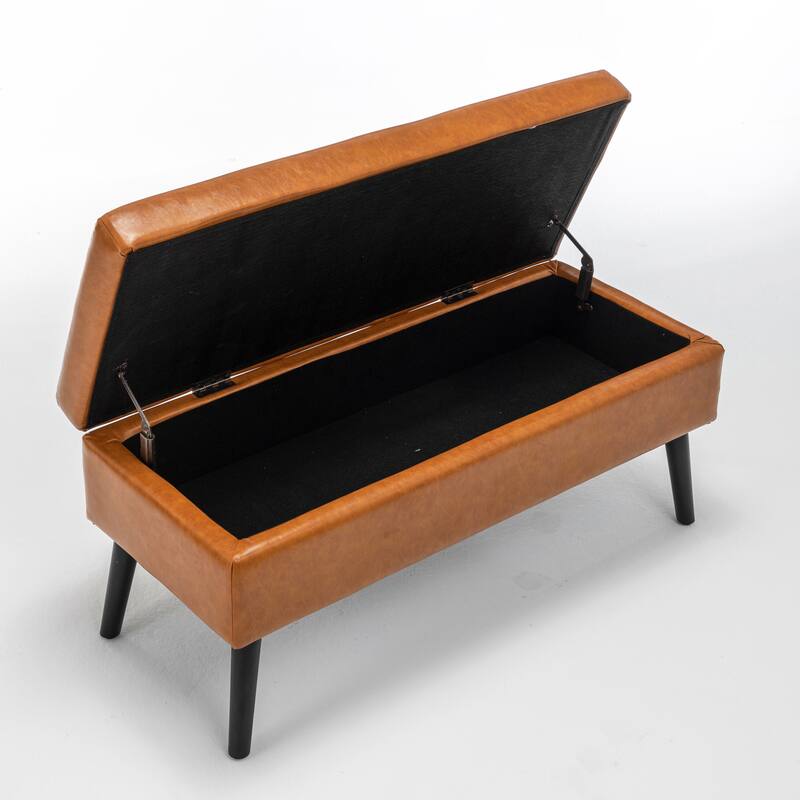 PU Upholstered Storage Ottoman Bench with Solid Wood Legs