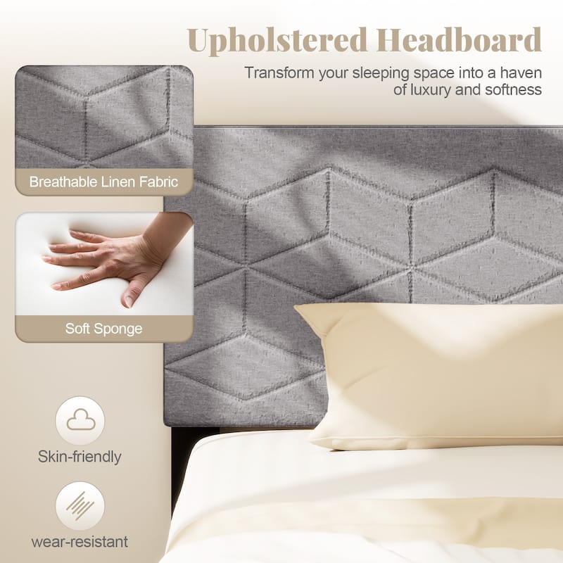 Gray Twin Size Upholstered Platform Bed Frame with Linen Headboard and Low Profile Modern Design