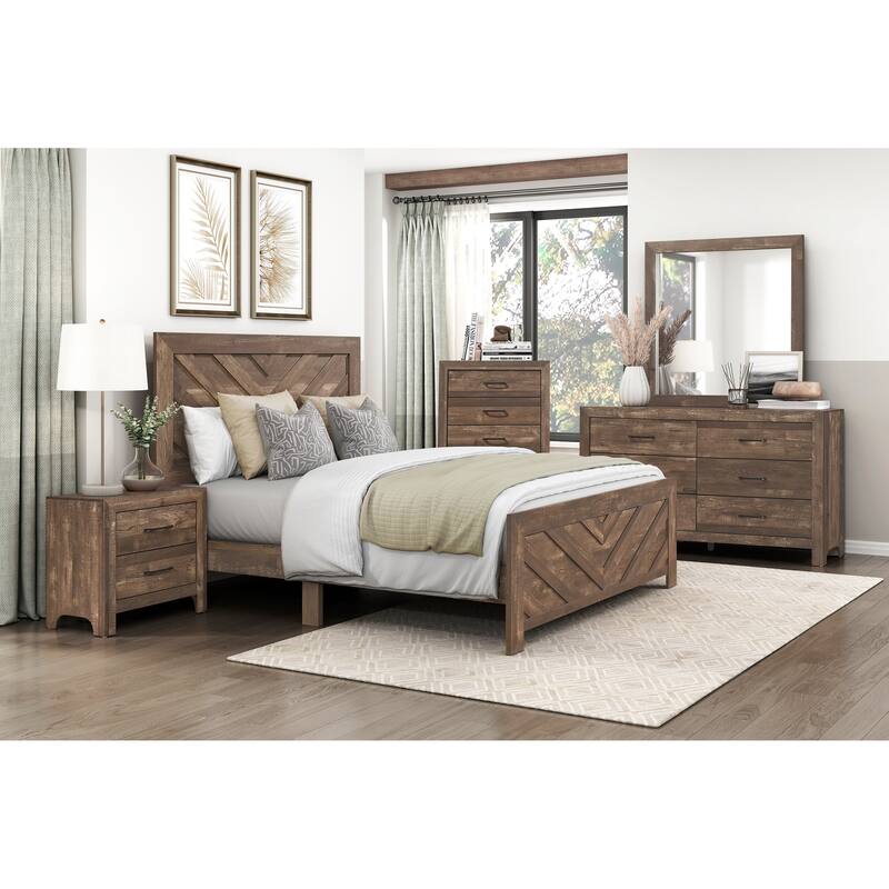 Rustic Brown Finish Queen Size Panel Bed with Headboard and Footboard, Easy Assembly, Ships in One Box