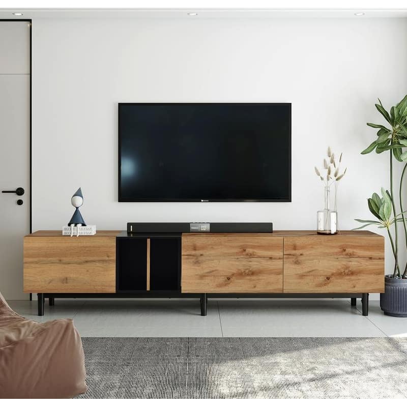 Modern TV Stand for 80'' TV with 3 Doors, Media Console Table, Entertainment Center - Natural Wood