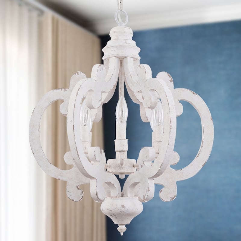 Oaks Aura French Country Cottage Crown Wood Chandelier, 6-Light Shabby Chic Farmhouse Wood Ceiling Light - Distressed White