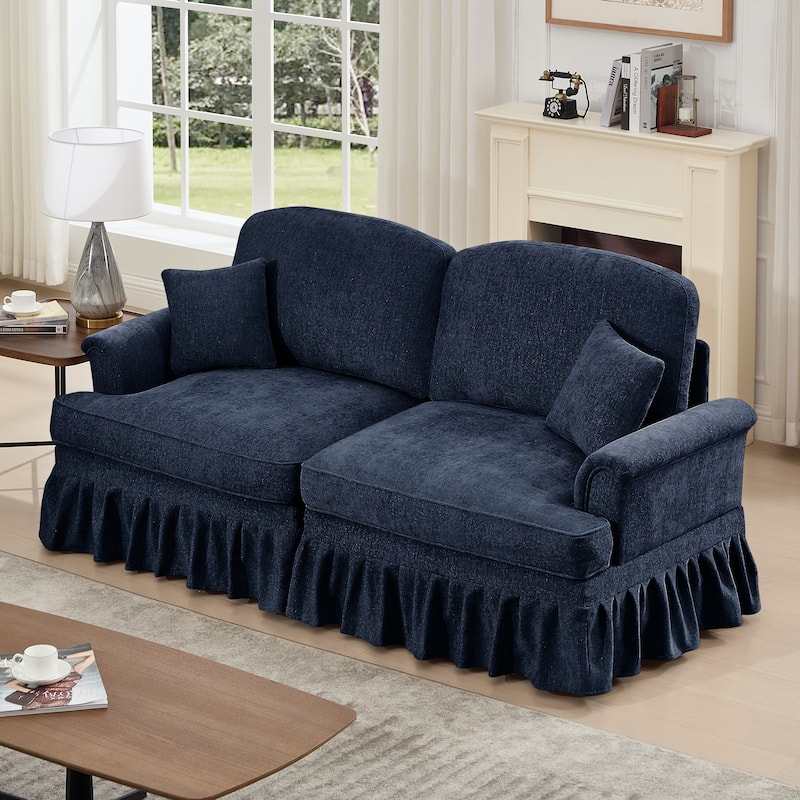 Mid-Century 2-Seat Sofa Couch with Flared Arms & Removable Ruffled Skirts, Retro Chenille Upholstered Loveseat for Living Room