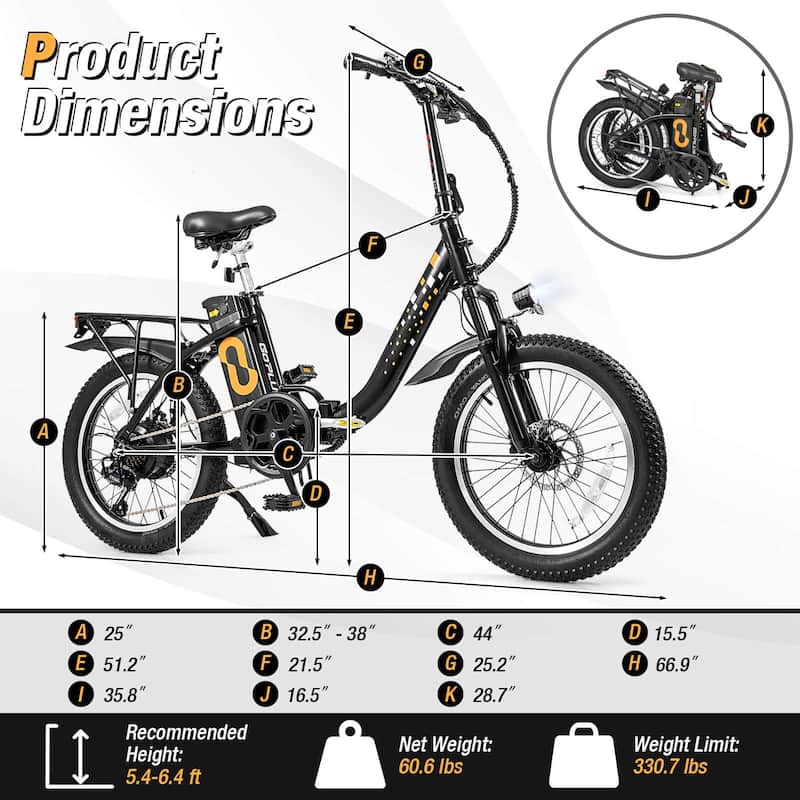 Goplus Folding Electric Mountain Bike for Adults with 20" Fat Tires
